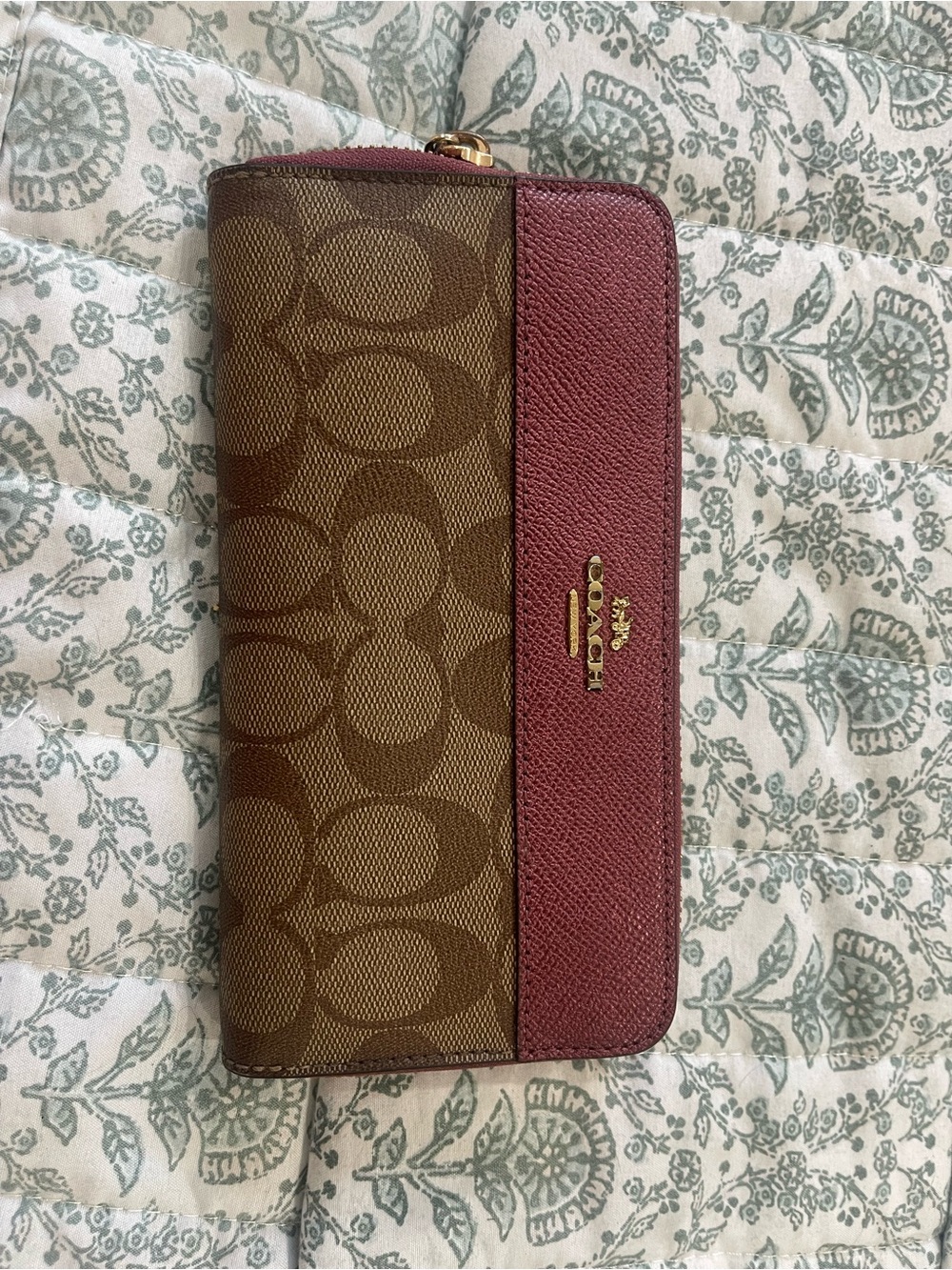 Coach Brown Signature Canvas Wallet with Burgundy Trim